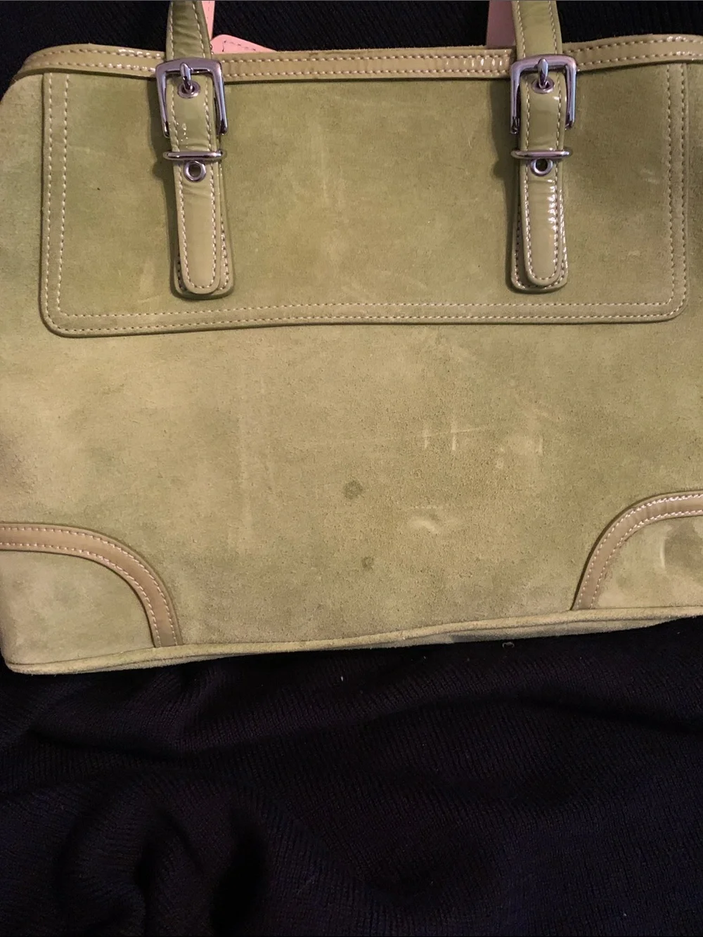 Coach Green Suede Tote with Beige Lined Handles